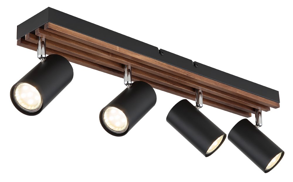 Kryptinis šviestuvas GLOBO Kayden, GU10, 4 x 25W, 230V, matinis metalas, tamsiai ruda mediena, 560 x 80 x 125 mm