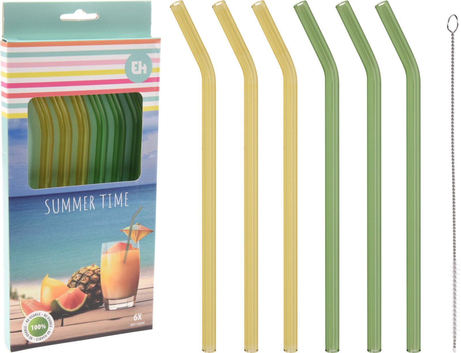 Daugkartiniai šiaudeliai, su valymo šepetėliu, 19 cm, 6 vnt.