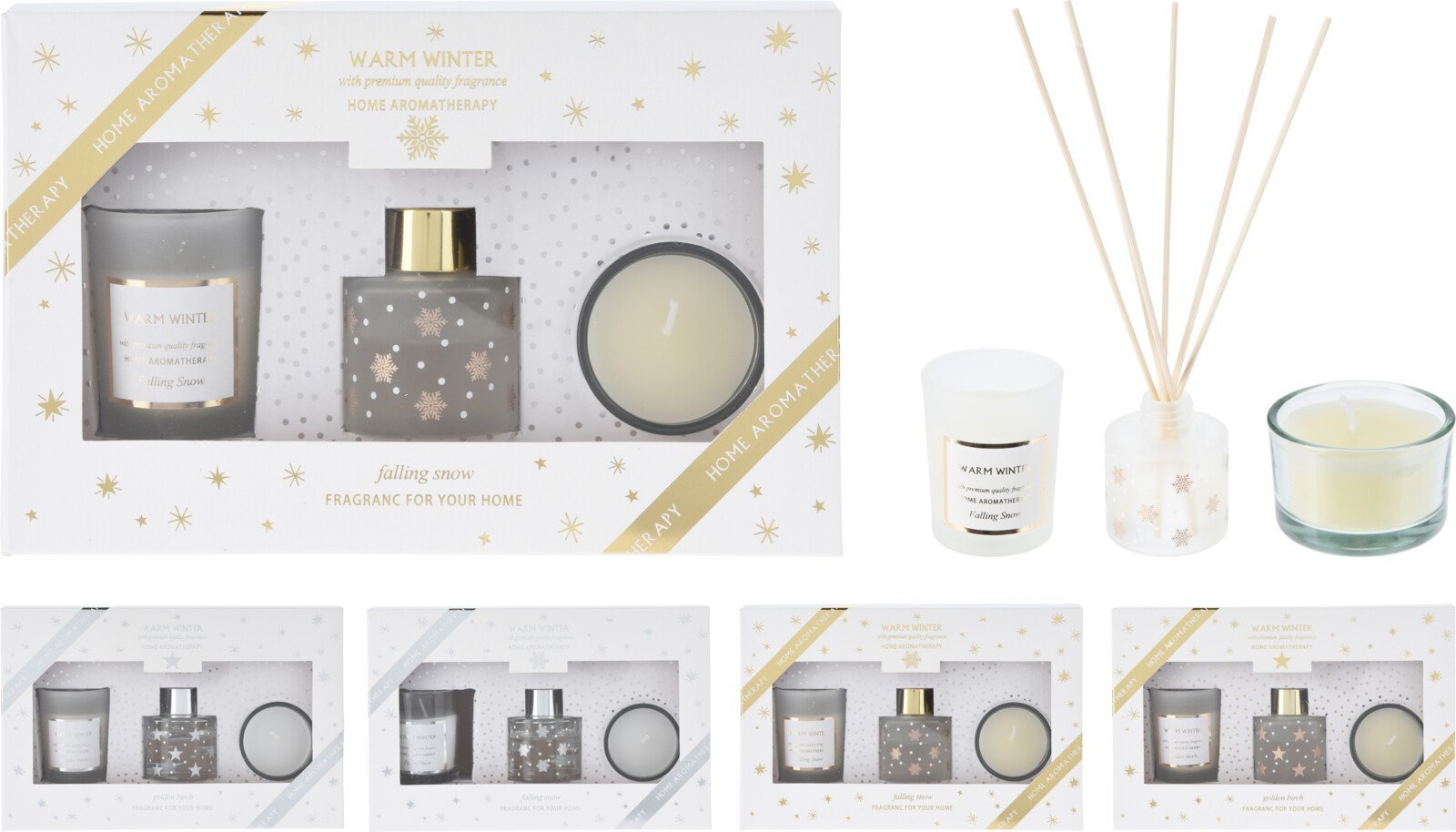 Namų kvapo ir žvakių rinkinys, įv. spalvų, 2 skirtingi kvapai: krintantis sniegas, auksinis beržas