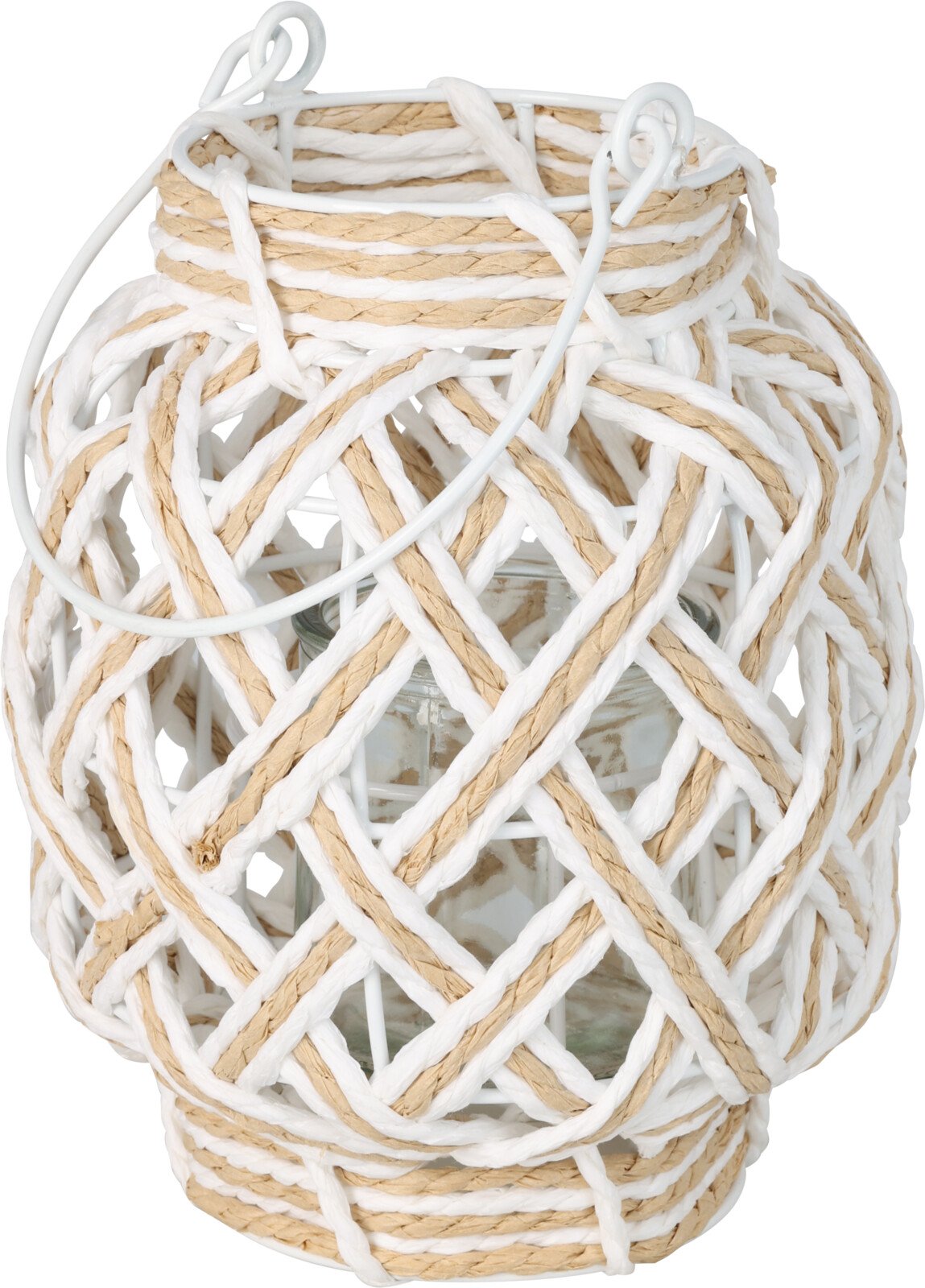 Žibintas, su metaline rankena, baltos ir smėlinės sp., aukštis 20 cm