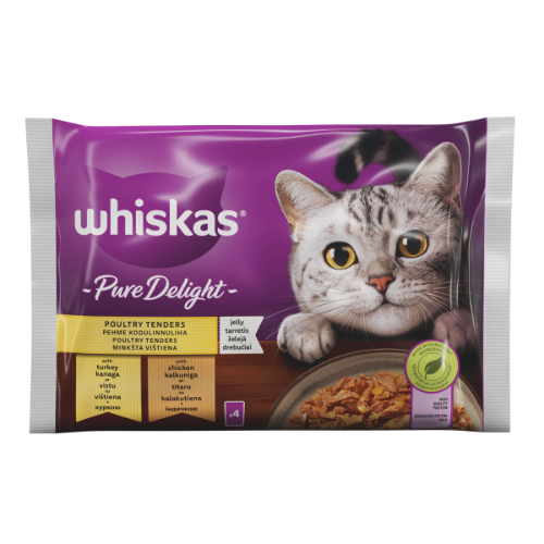 Konservuotas kačių ėdalas WHISKAS Pure Delight, su vištiena ir kalakutiena, suaugusioms katėms, 4x85g