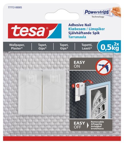 Klijuojami kabliukai TESA 77772, 2 vnt. x 0,5 kg, nelygiems paviršiams, skirti iki 0,5 kg svorio kabinti, komplekte 3 dvipusio lipnumo juostelės