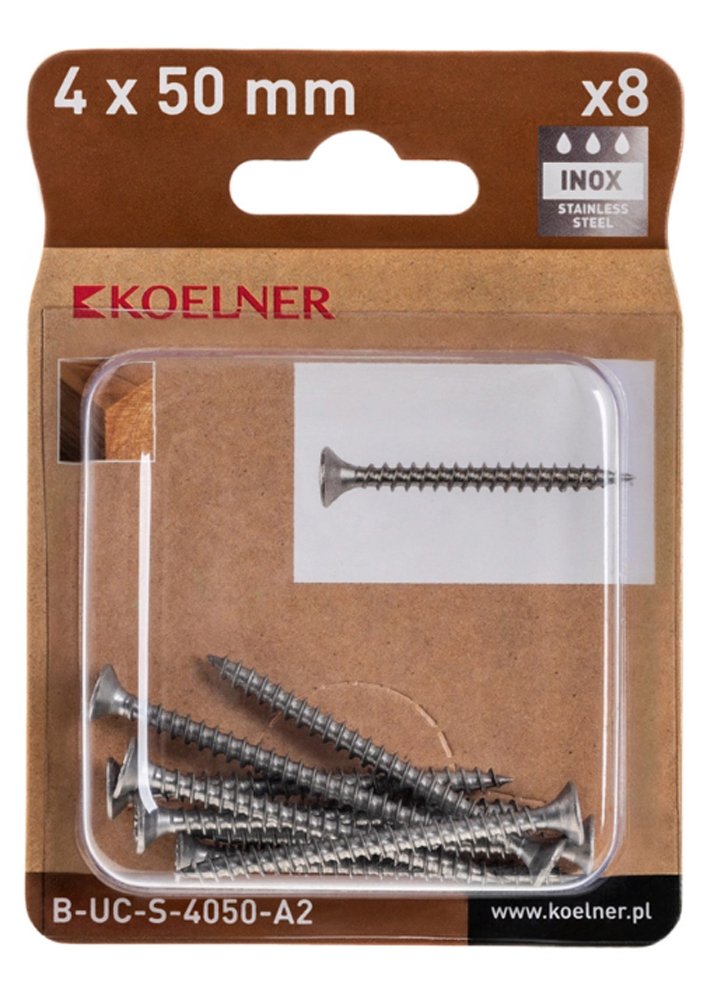 Medsraigčiai KOELNER, 4 x 50 mm, įleidžiama galva, nerūd. plieno A2, 8 vnt., PZ