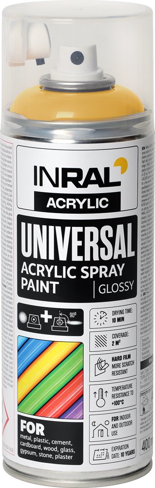 Aerozoliniai dažai INRAL ACRYLIC UNIVERSAL, 400 ml, kelininkų geltona, blizgi, RAL1023