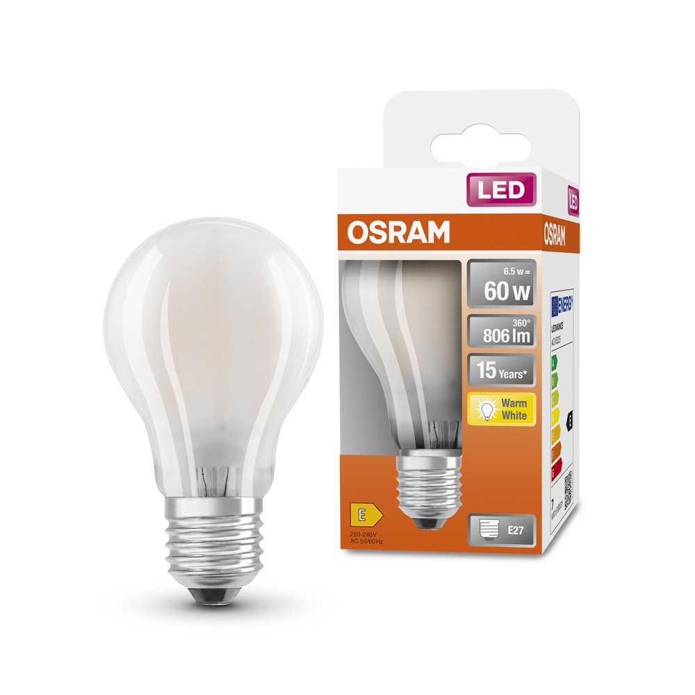 LED lempa OSRAM Star, 5,9W, E27, 220-240V, 2700K, 806 lm, filamentinė, matinė, atitinka 60W lemputę