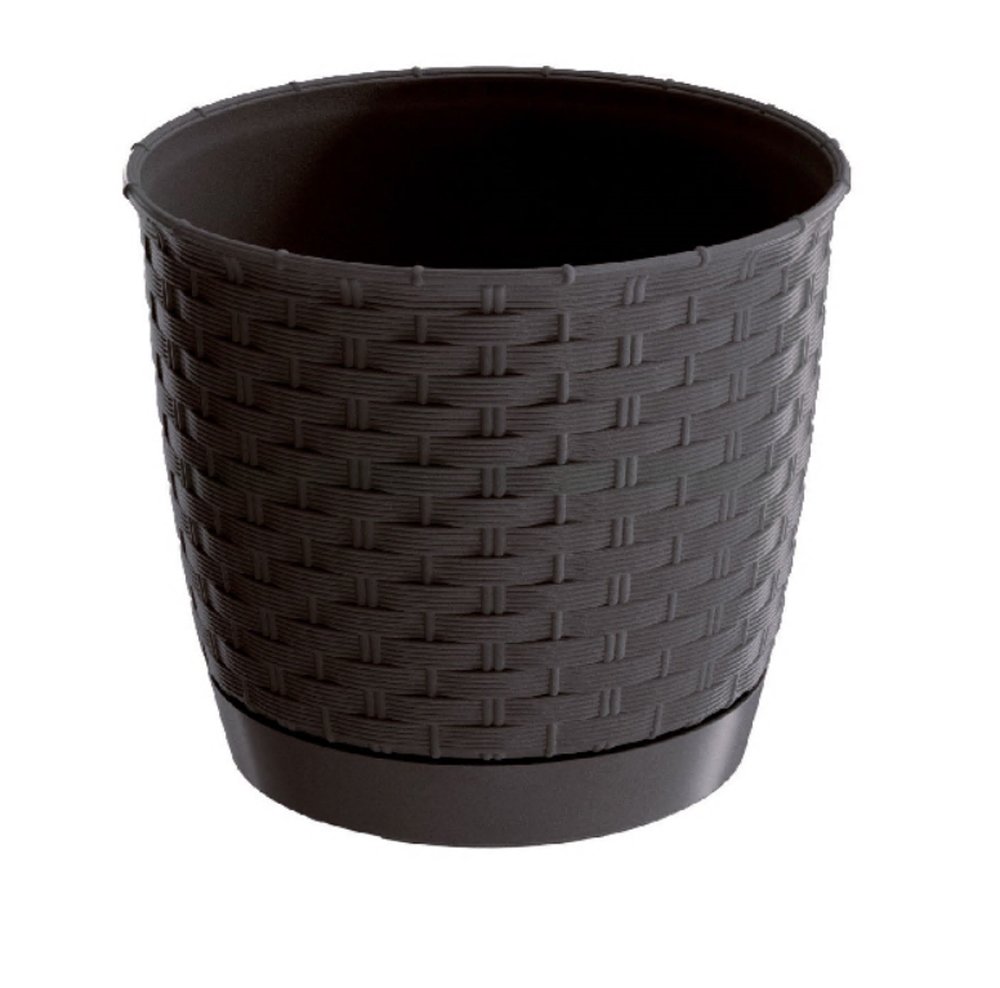 Plastikinis lauko vazonas, RATOLLA su padėklu, tamsiai rudos sp., vazono skersmuo 25 cm.