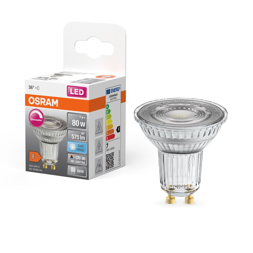 LED lempa OSRAM Superstar, 6,1W, GU10, 220-240V, 4000K, 575lm, 36°, pritemdoma, atitinka 80W lemputę