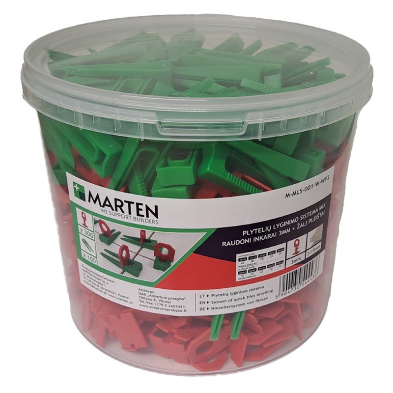 Plytelių išlyginimo sistema MARTEN, komplekte inkarų (3 mm) 300 vnt., pleištų (7-15 mm) 100 vnt.