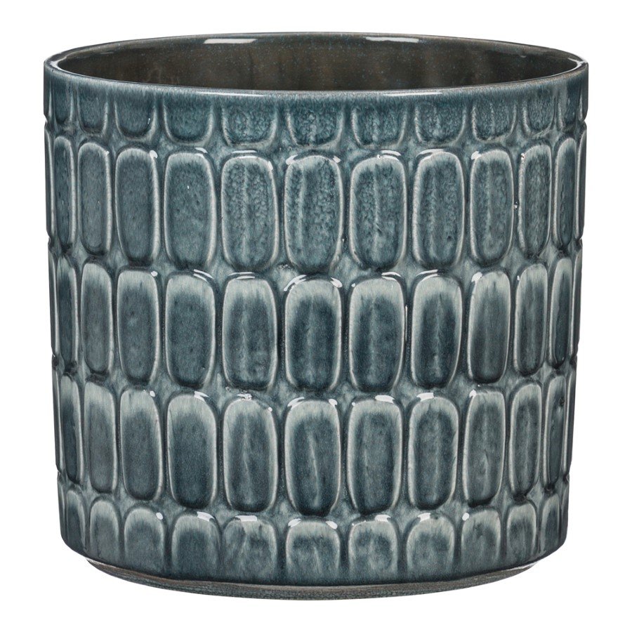 Kambarinis keraminis vazonas SCHEURICH Alma (878/12), mėlynos sp., su įspaustais raštais, vazono skersmuo 12 cm.