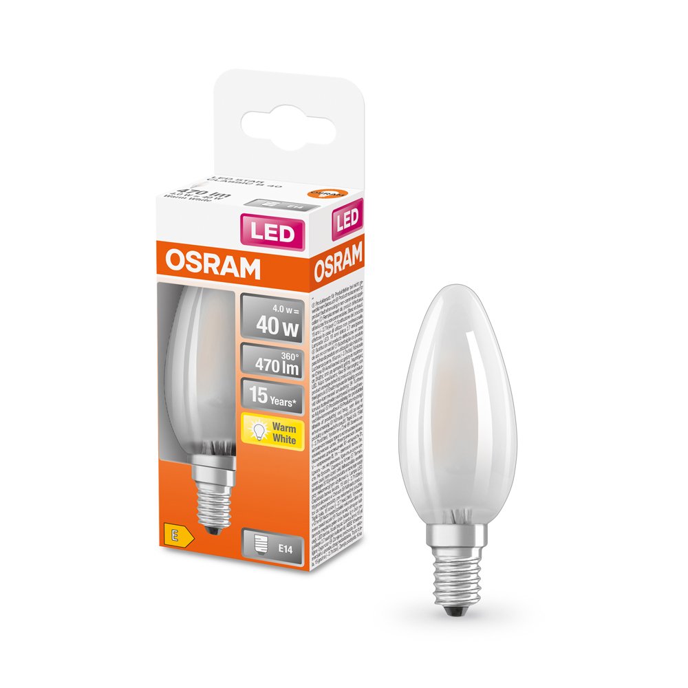 LED lempa OSRAM Star, 3,4W, E14, 220-240V, 2700K, 470 lm, filamentinė, matinė, žvakutė, atitinka 40W lemputę