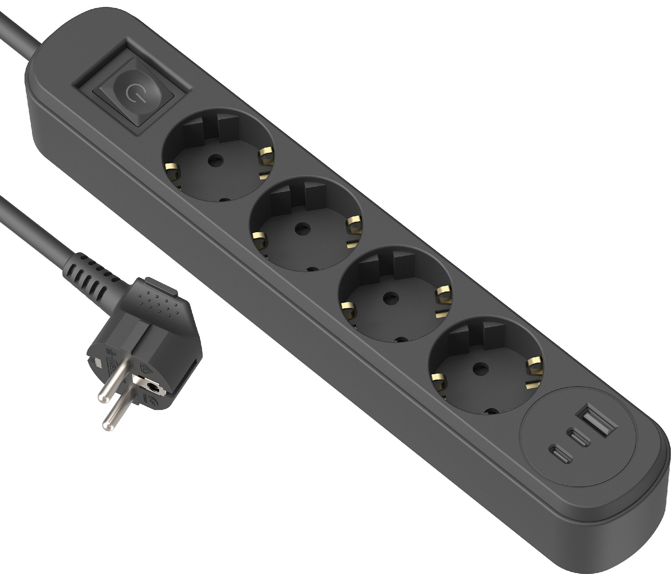 Ilgiklis ELECTRALINE, 4 lizd., 1,5m, su įž., su jungikliu, 3x1, juodos sp., USB-A, 2xUSB-C, 62521