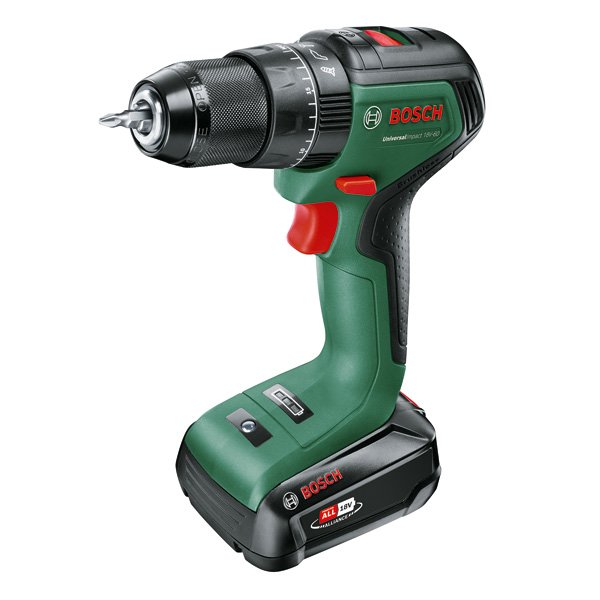 Akumuliatorinis smūg. gręžtuvas BOSCH Green Universal Impact, 18V-60, 1 x 2 Ah, maks. sukimo momentas 60 Nm, bešepetėlis variklis, 13 mm metalinis griebtuvas, svoris 1,3kg