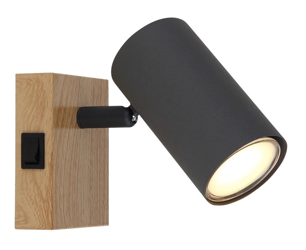 Kryptinis šviestuvas GLOBO Robby, GU10, 1 x 25W, 230V, su jungikliu, metalinis, matinės juodos sp. su medžio imitacija, 70 x 100 x 120 mm, 57911-1G