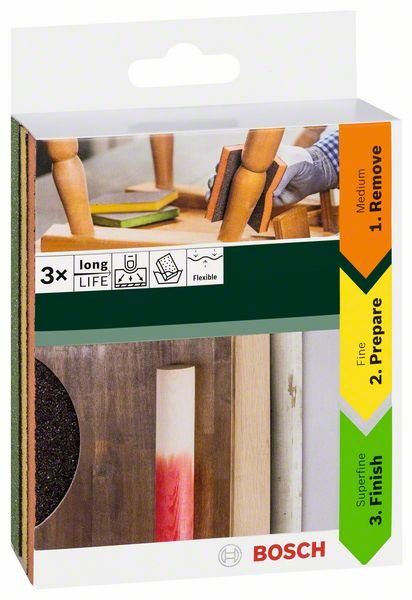 Stačiakampių šlifavimo kempinėlių rinkinys BOSCH Contour, 12 x 6,8 x 1,3 cm, 3 vnt.