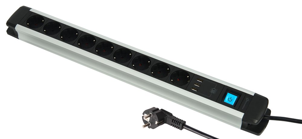 Ilgiklis ELECTRALINE Multisocket Alu, 9 lizd. + 3 USB 3.4A, 2 m, su įž., su jungikliu, 3 x 1,5, su metaliniais kraštais, juodos/metalo sp., 62562