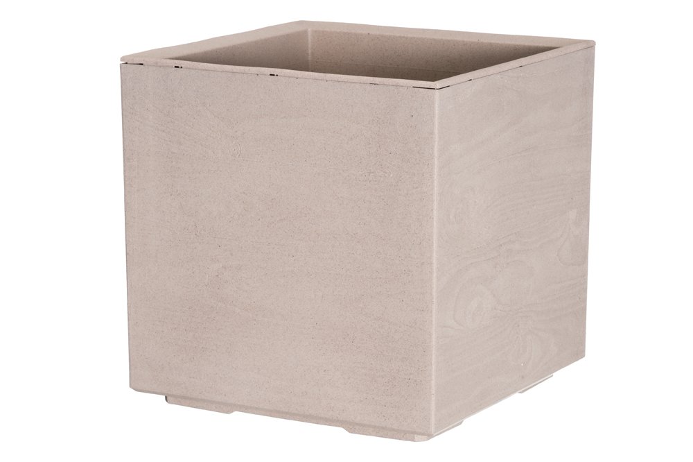 Plastikinis lauko vazonas 4LIVING Karo Wood, šviesiai rudos sp., su įmontuojamais ratukais, 40 x 40 x 40 cm.