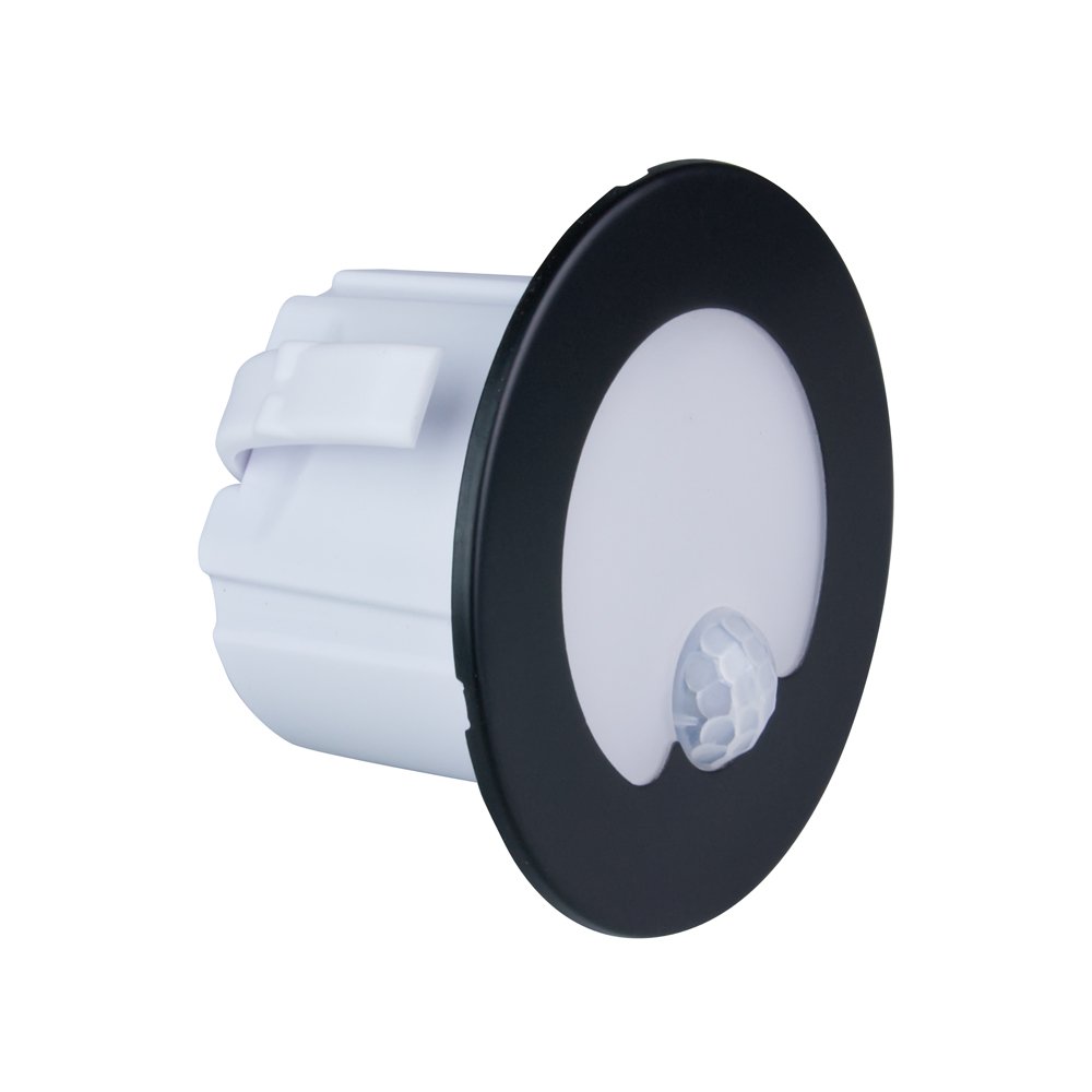 Montuojamas šviestuvas DPM Ycb178B-Pir, laiptų apšvietimui, LED, 1,2W, 4000K, 40 lm, 110', IP20, su judesio davikliu, šviečia 13 sekundžių, juodos sp., apvalus