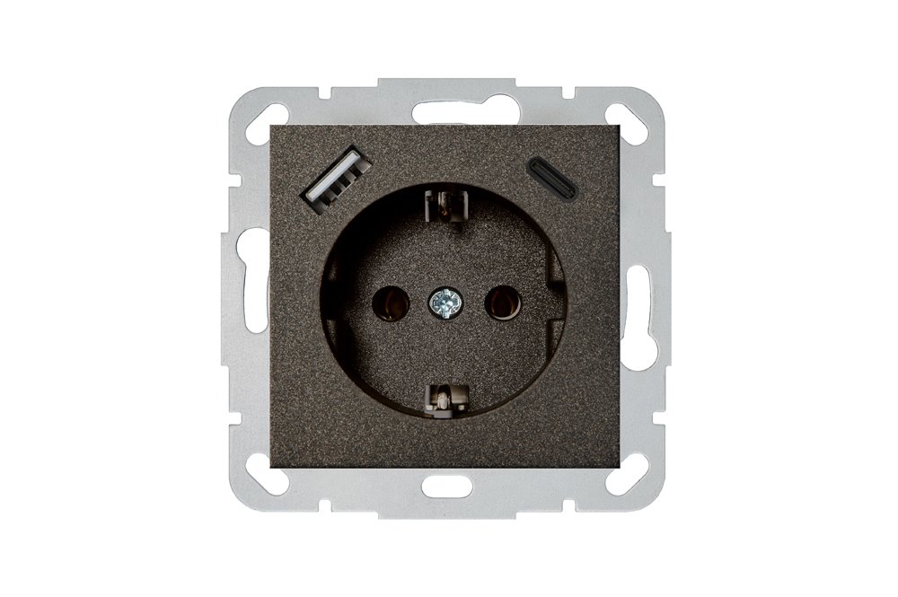 Kištukinis lizdas LIREGUS Epsilon, 1 vietos su krovikliu 3.4A 1xUSB A ir 1xUSB C, įleidžiamas, antracito sp., su įžeminimu, IUK-3-01.E/J 