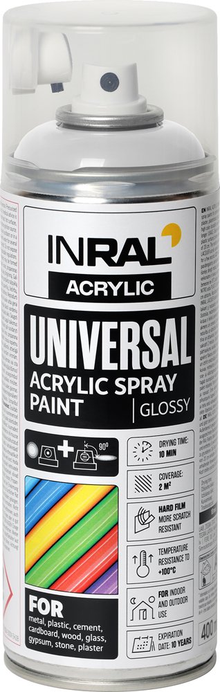 Aerozoliniai dažai INRAL ACRYLIC UNIVERSAL, 400 ml, visiškai balta, blizgi, RAL9010