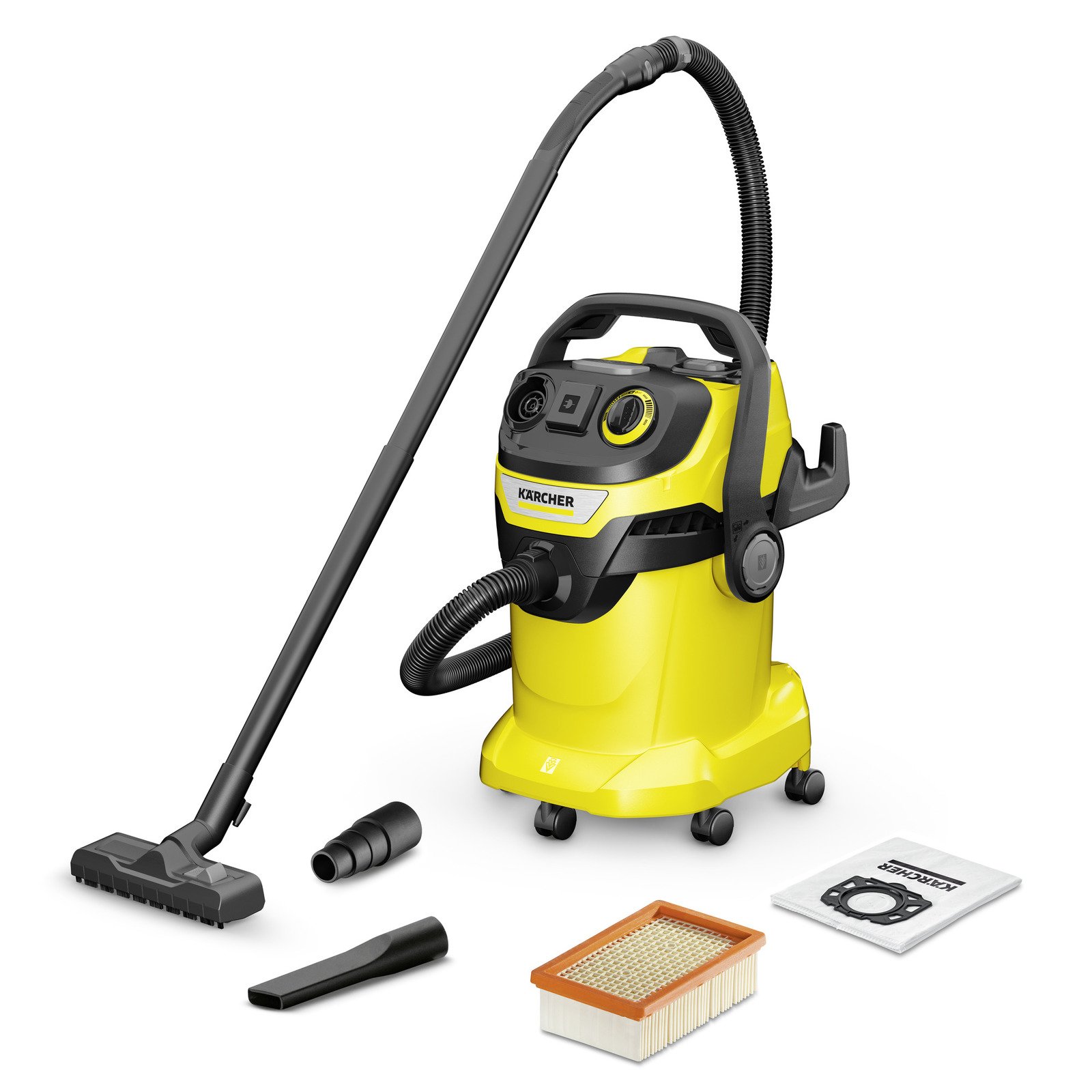 Sauso - šlapio siurbimo dulkių siurblys KARCHER WD 5 P, 25 litrų dulkių talpa, filtras, galingumas 1100 W, 8 m ilgio elektros laidas, 3.5 m ilgio žarna, 1.628-372.0