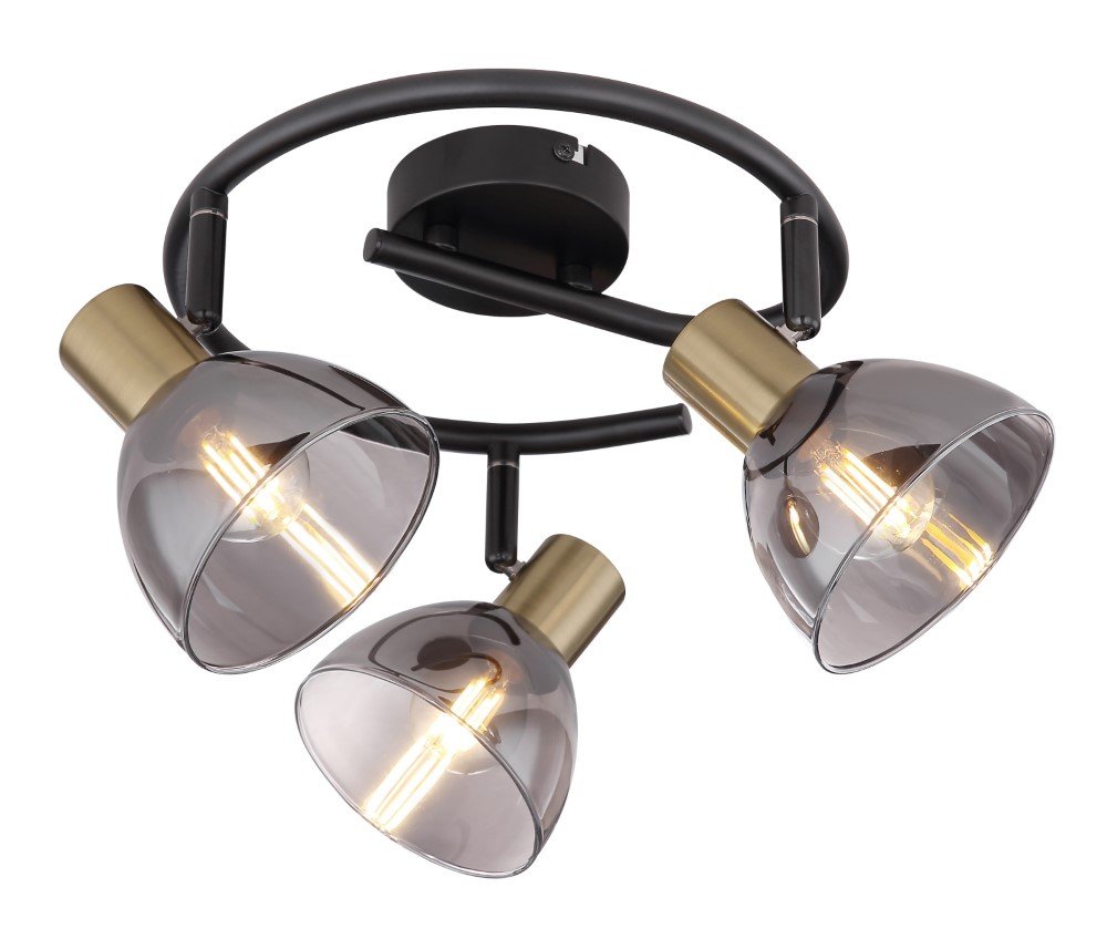Kryptinis šviestuvas GLOBO Jay, E14, 3 x 25W, 230V, matinio žalvario / juodo metalo spalvos, dūmų spalvos stiklas, 250 x 175 mm, 54305-3