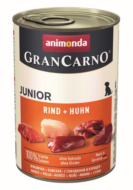 Konservuotas šunų ėdalas GRANCARNO Junior, jauniems šunims, su jautiena ir paukštiena, 400g