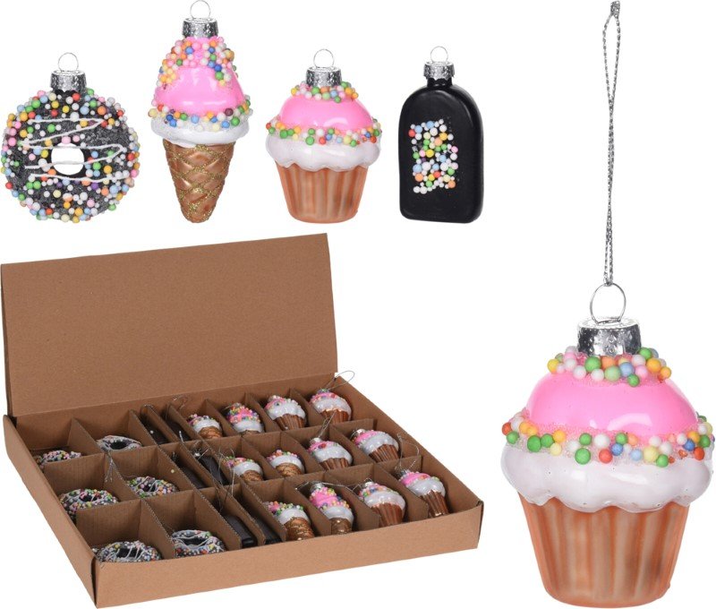 Eglutės žaisliukas Saldumynai, stiklinis, 4 dizainai, 7 cm