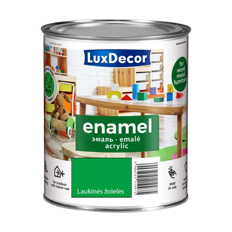 Universalus akrilinis emalis LUXDECOR, 0,75 l, laukinių žolelių spalvos, blizgus, vandens pagrindu