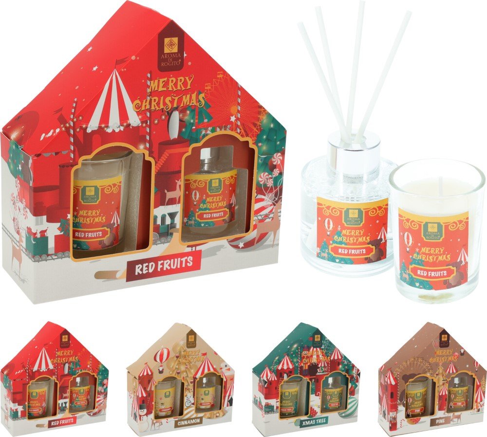 Kalėdinis dovanų rinkinys, namų kvapas 40 ml ir žvakė, 4 skirtingi kvapai