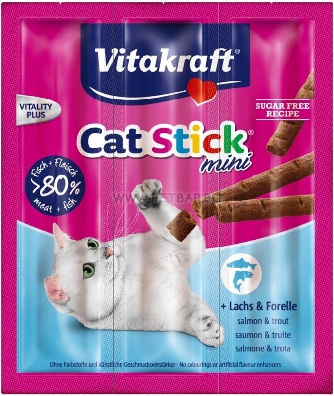 Skanėstas katėms VITAKRAFT Cat-Stick Mini, kačių pagaliukai su lašiša ir upėtakiu, 3vnt