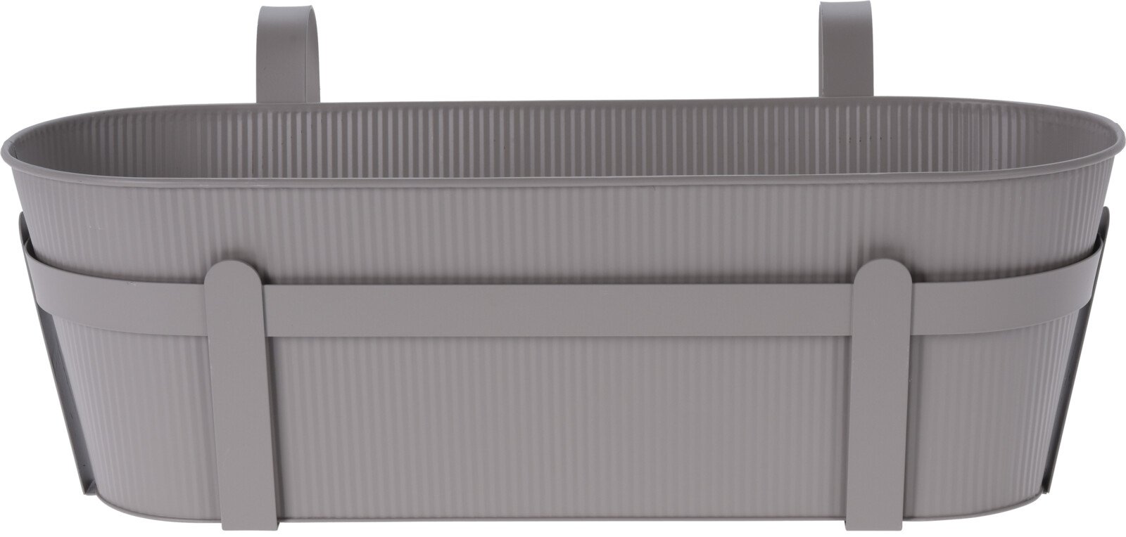 Metalinis lauko vazonas, ovalus, su pakabinamu laikikliu, tamsiai pilkos sp., 36,5 x 14,5 x 13 cm.