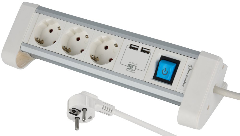 Ilgiklis ELECTRALINE Desk Aluminium Pro-Line, 3 lizd. + 2 USB 2.4A, 2 m, su įž., su jungikliu, 3 x 1,5 H05VV-F, 16A, su metaliniais kraštais, baltos/metalo sp., 62563