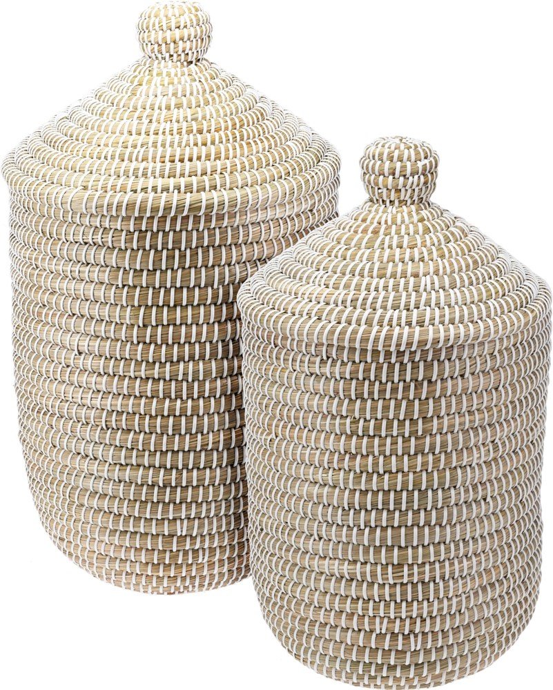 Daiktadėžė, su dangčiu, apvalios formos, pintos, pilkos sp., 27 x 27 x 46 cm.