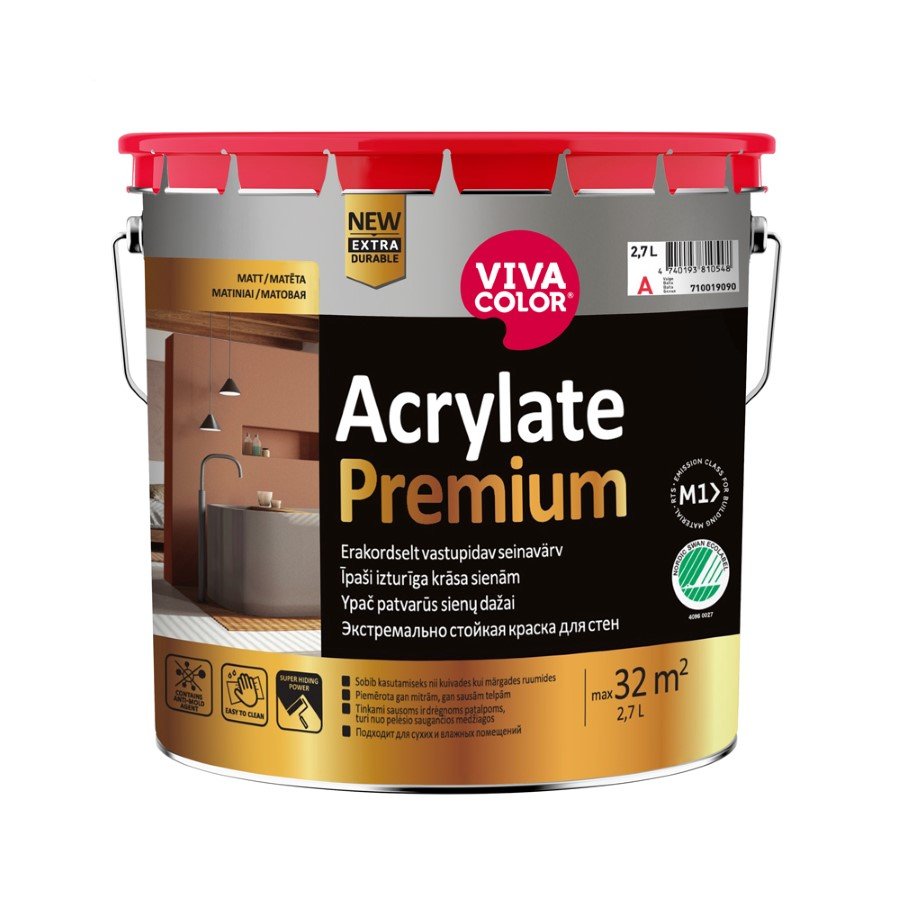 Vandeniniai vidaus dažai VIVACOLOR Acrylate Premium, 2,7 l, A bazė, matiniai, atsparūs drėgmei