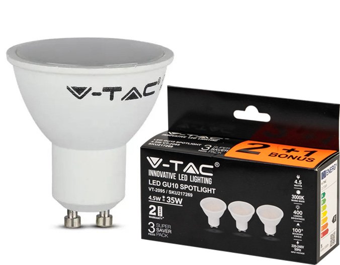 LED lempa V-TAC, 4.5W (=35W), GU10, 3000K, 110°, 400lm, 3vnt