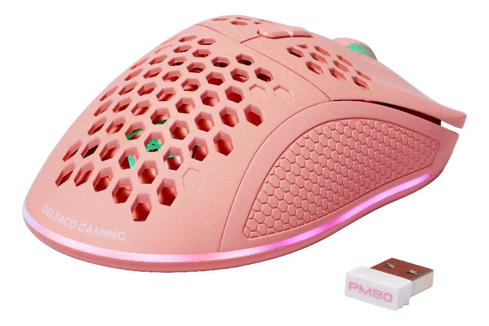 Belaidė žaidimų pelė DELTACO GAMING PM80, 70g svorio, RGB, SPCP6651, 400-4800 DPI, 1000 Hz, rožinės sp., GAM-120-P