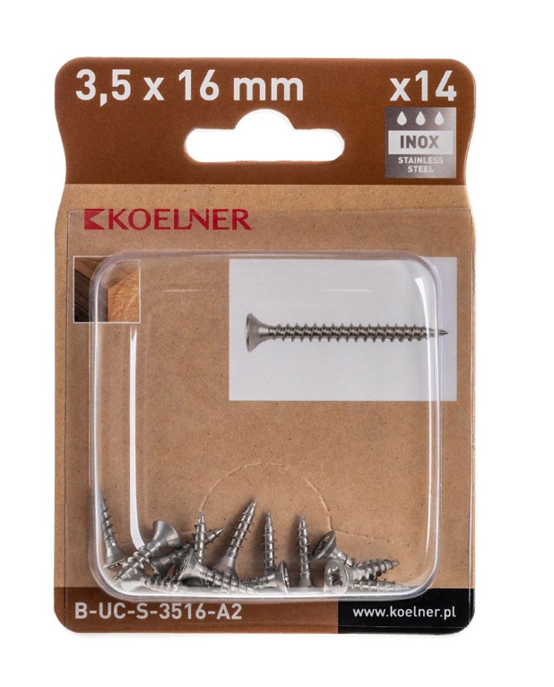 Medsraigčiai KOELNER, 3,5 x 16 mm, įleidžiama galva, nerūd. plieno A2, 14 vnt., PZ
