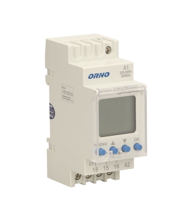 Laikmatis ant DIN bėgelio ORNO Or-Pre-433, skaitmeninis, 52 programų, dienos/savaitės/pulso ciklas, automatinis vasaros/žiemos laiko įjungimas, LCD ekranas