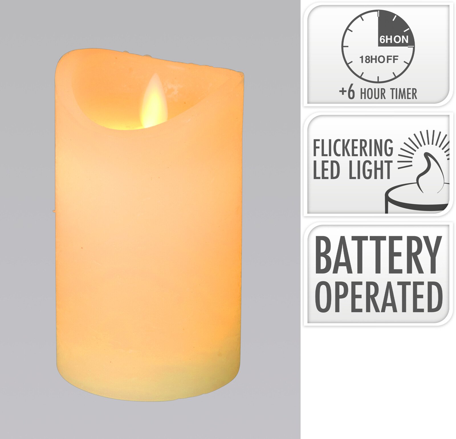 LED žvakė, 7,5 x 7,5 x 12,5 cm, be baterijų