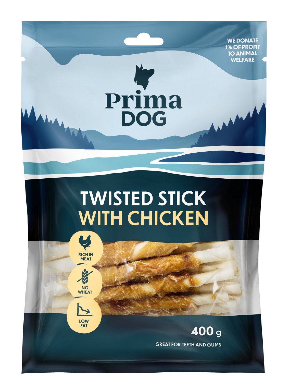 Skanėstas šunims PRIMADOG, vištienos ir apdorotos odos lazdelė, 13cm, 45vnt, 400g