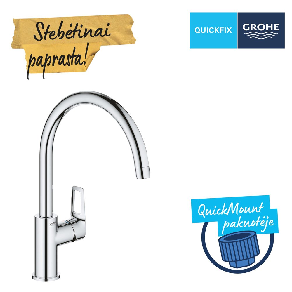 Plautuvės maišytuvas GROHE Quickfix Start Loop, C formos snapas, chromas, 31374001