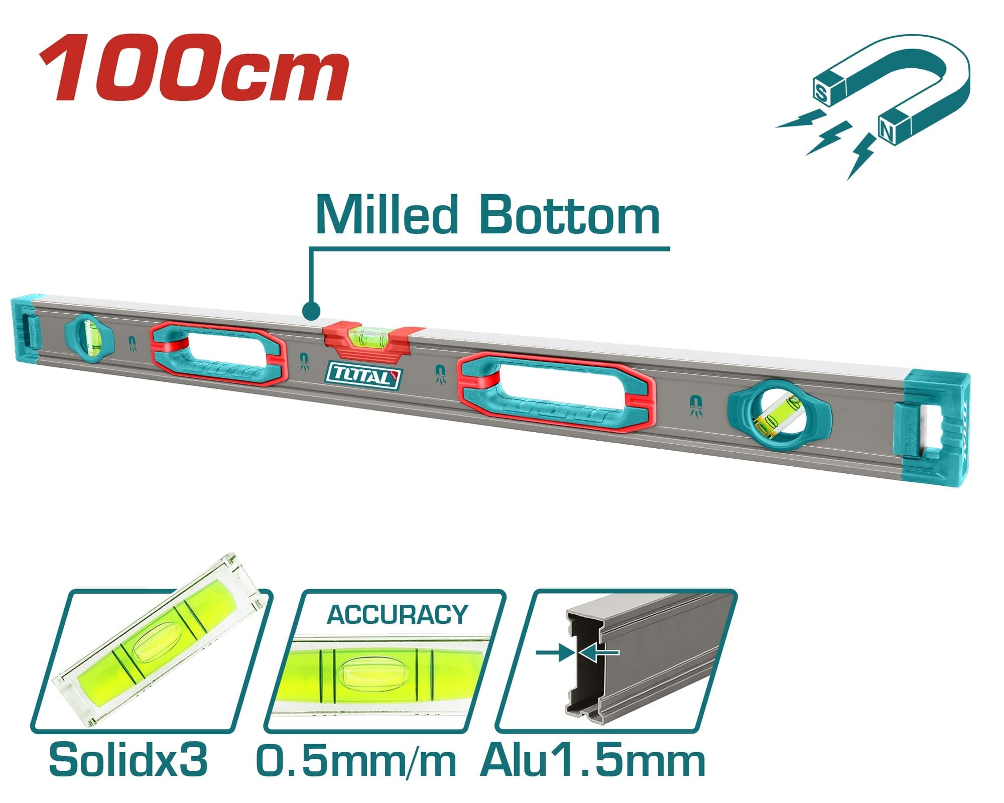 Gulsčiukas TOTAL, magnetinis, 3 akutės, aliumininis korpusas, storis 1,5 mm, 100 cm, TMT210028M