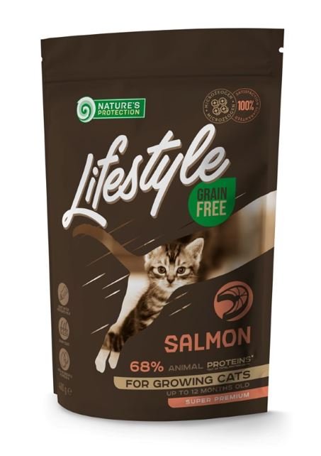 Sausas ėdalas katėms NATURE'S PROTECTION LIFESTYLE, kačiukams, begrūdis, su lašiša, 0,4kg