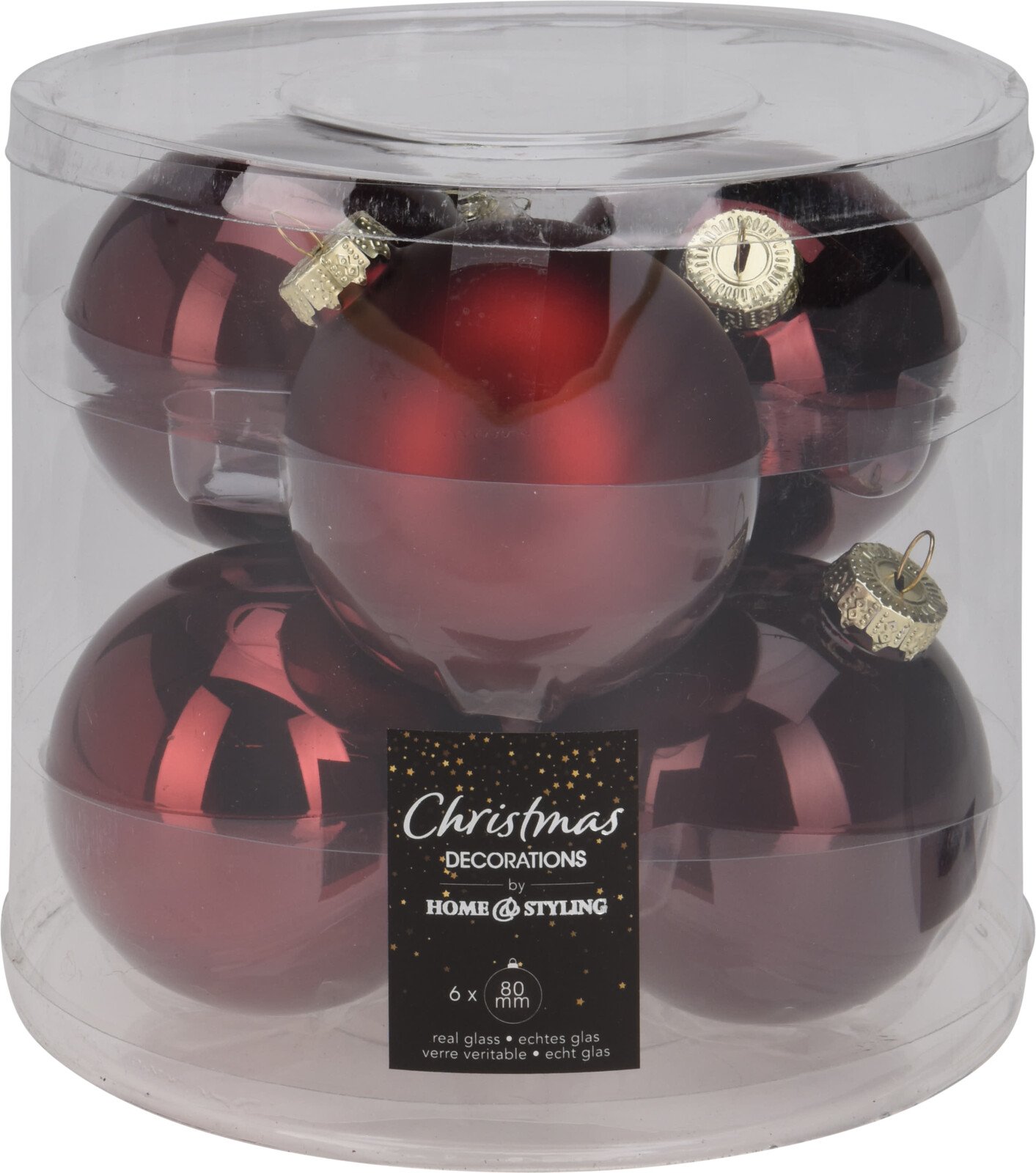 Eglutės žaisliukų rinkinys, 6 vnt., bordinės sp., skersmuo 8 cm