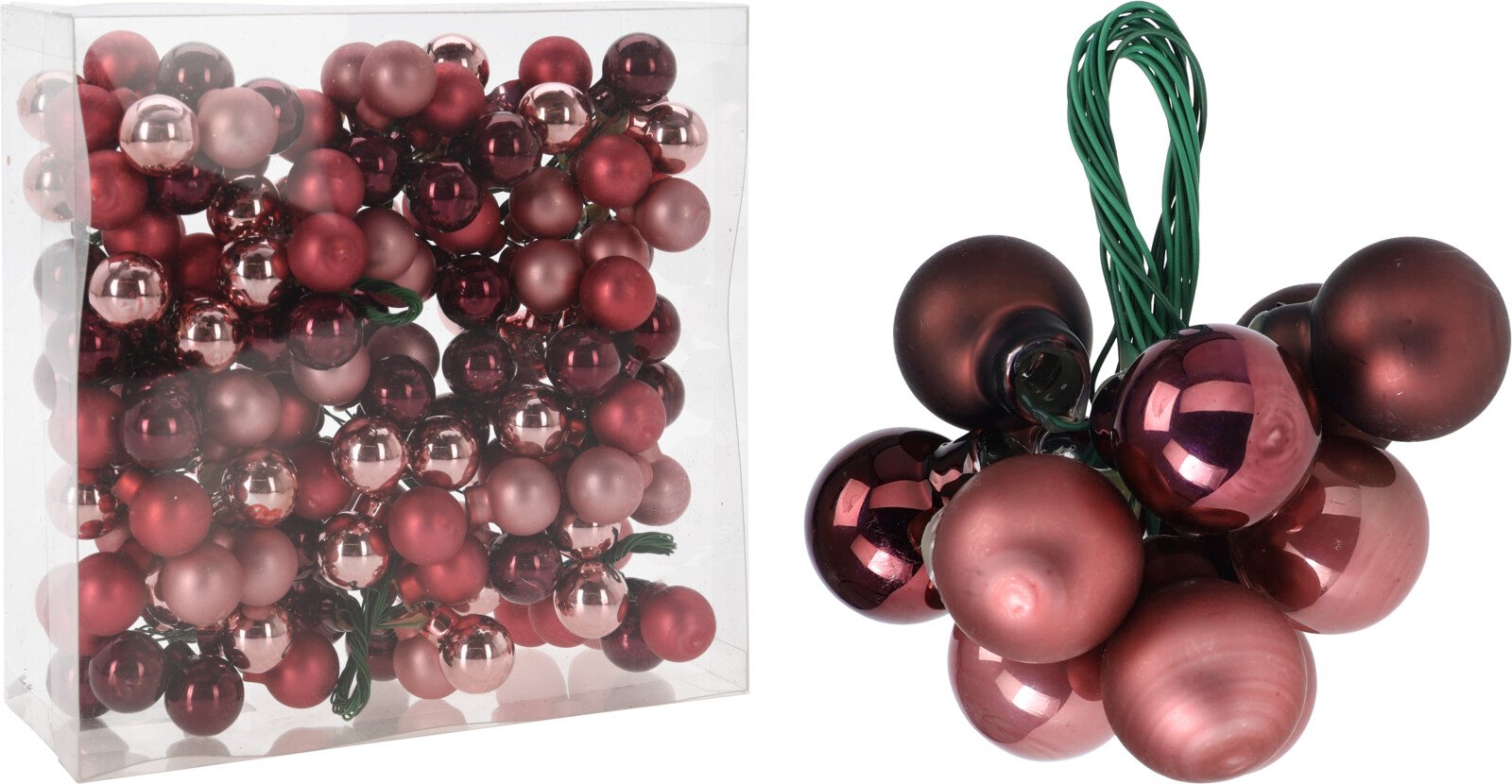 Eglutės žaisliukai, rožinės, burgundi ir raudonos sp., 12 vnt., 20 mm