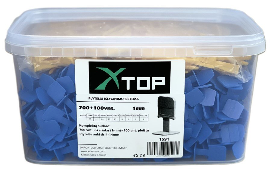 Plytelių išlyginimo sistema XTOP, 1 mm, inkarų 700 vnt, pleištų 100 vnt., plytelių aukštis 5-14mm