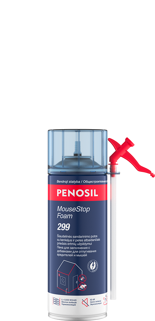 Sandarinimo putos PENOSIL Mousestop Foam 299, šiaudelinės, 365 ml, su kenkėjus ir peles atbaidančiais priedais