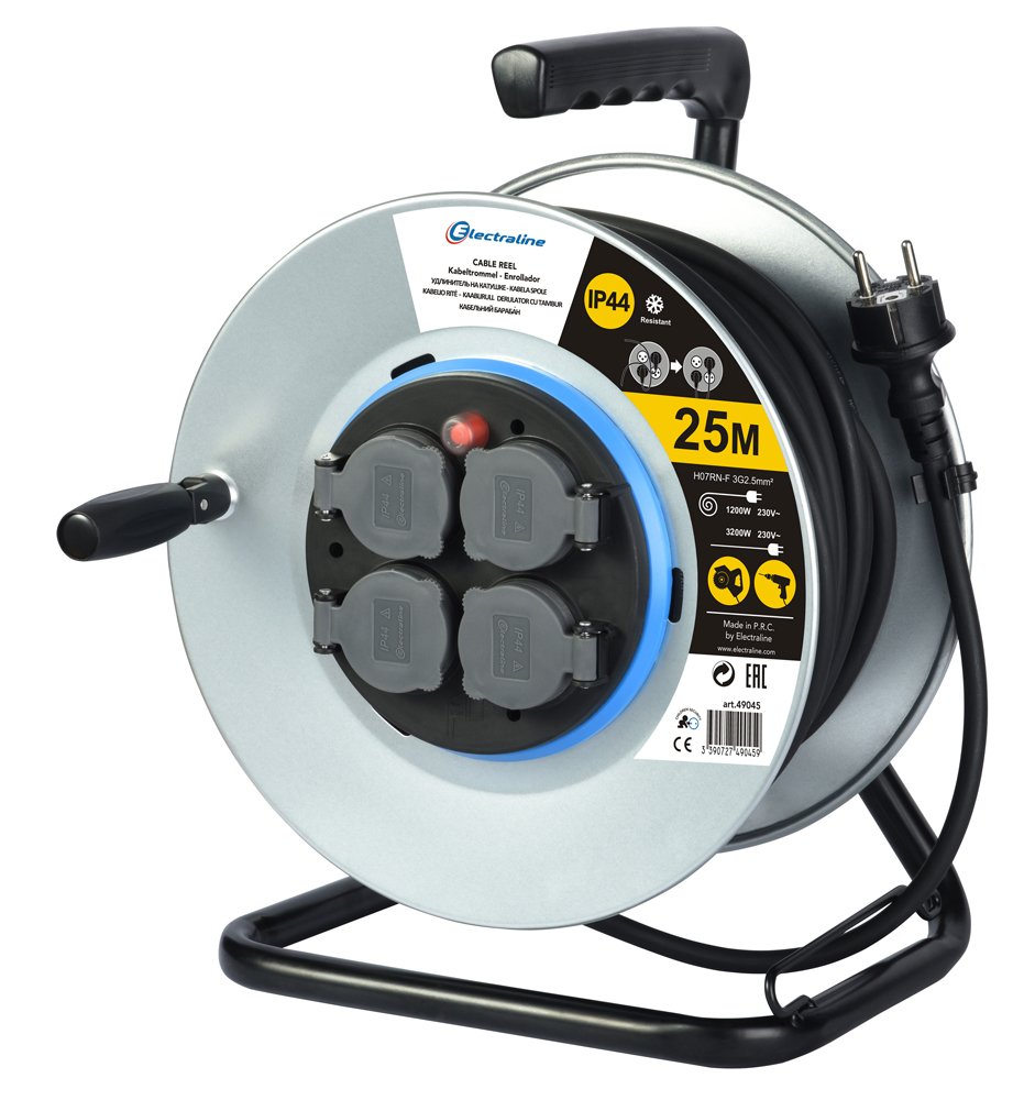 Ilgiklis ritė ELECTRALINE, 4 lizd., 25m, su įž., 3x2,5, metalas, su dangteliais, 49045