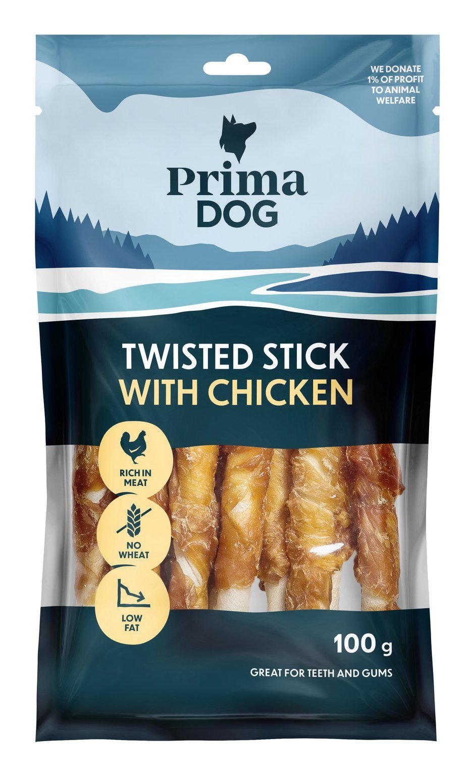 Skanėstas šunims PRIMADOG, vištienos ir apdorotos odos lazdelė, 13 cm, 11 vnt, 100g