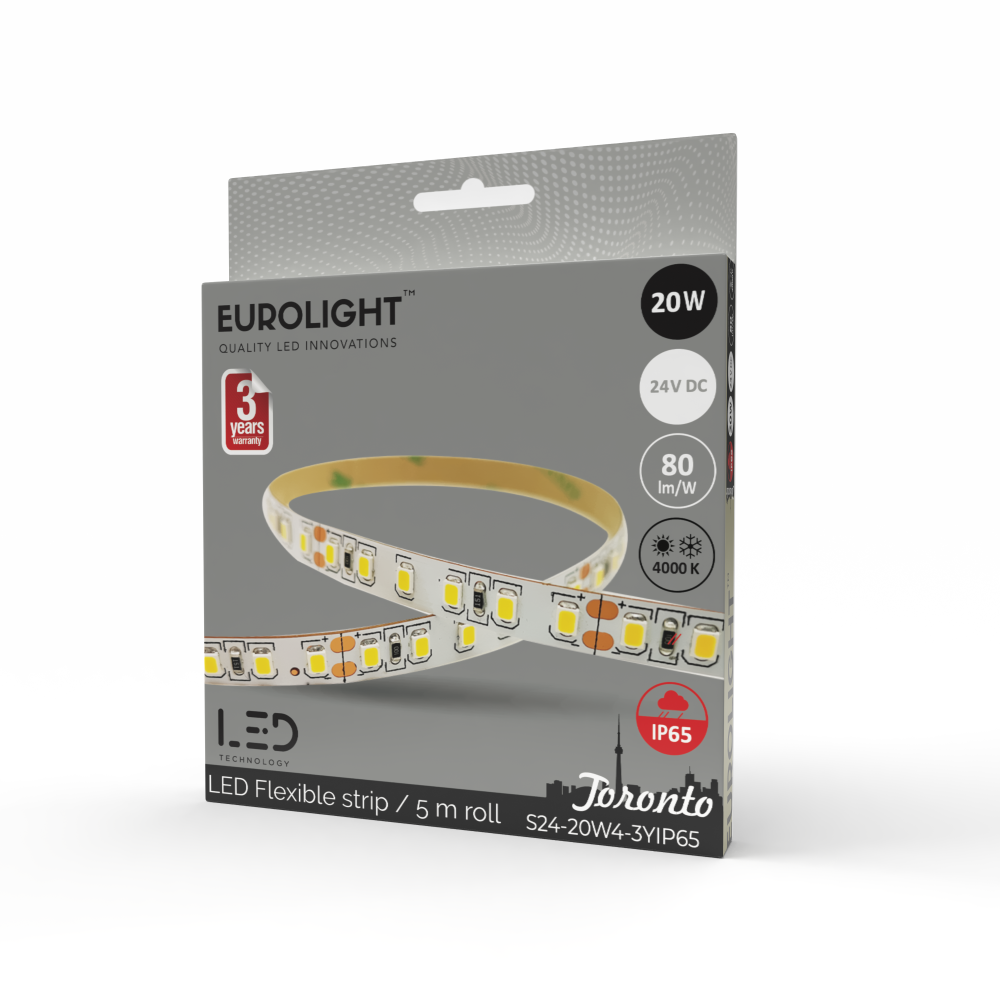 Šviesos diodų juosta EUROLIGHT Toronto, LED 5 m, 20 W / m, IP65, 4000K, 24V, 1600 lm / m, 8mm pločio, S24-20W4-3YIP65